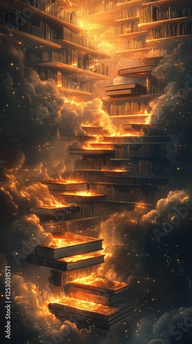 Flaming book staircase ascends through clouds, shelves.