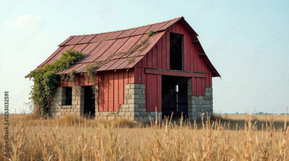 Rustic Red Barn in a Golden Field, Showing the Passage of Time and the Beauty of Decay Rustic Red Barn in a Golden Field, Showing the Passage of Time and the Beauty of Decay