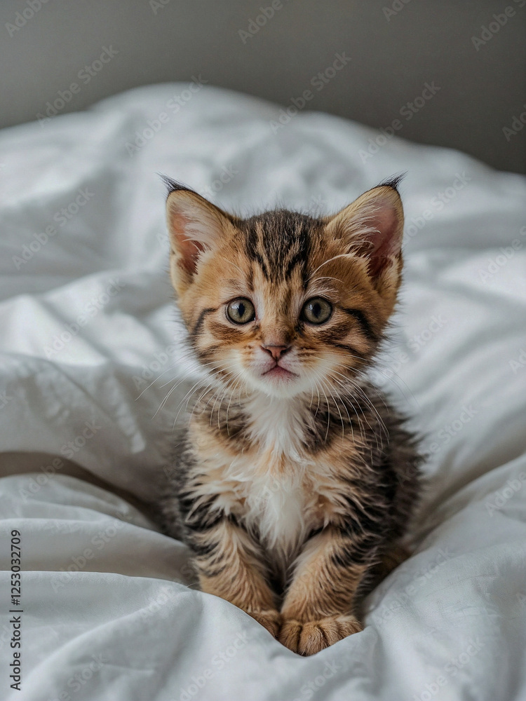 Adorable kitten sitting on a crisp white bedsheet. Adorable kitten sitting on a crisp white bedsheet.