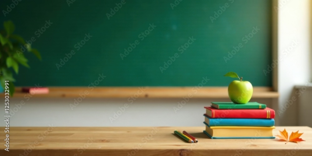 Obraz premium A serene classroom scene featuring a stack of colorful books, a vibrant green apple, and pencils resting on a light wood desk against a dark green chalkboard