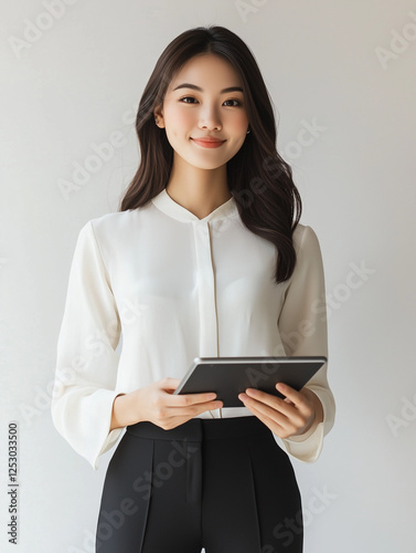 A young professional woman in a white blouse and black pants, holding a tablet. She stands smiling against a neutral background, exuding confidence and approachability in a modern business setting