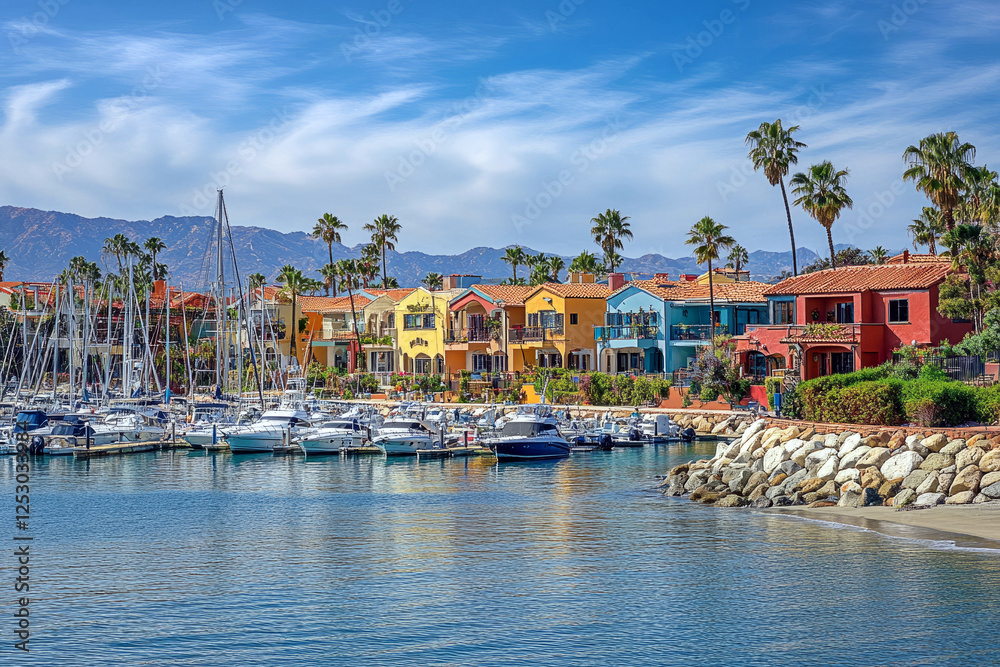 Obraz premium Vibrant pastel harbor with moored yachts and palm-lined architecture, perfect for a coastal dream getaway