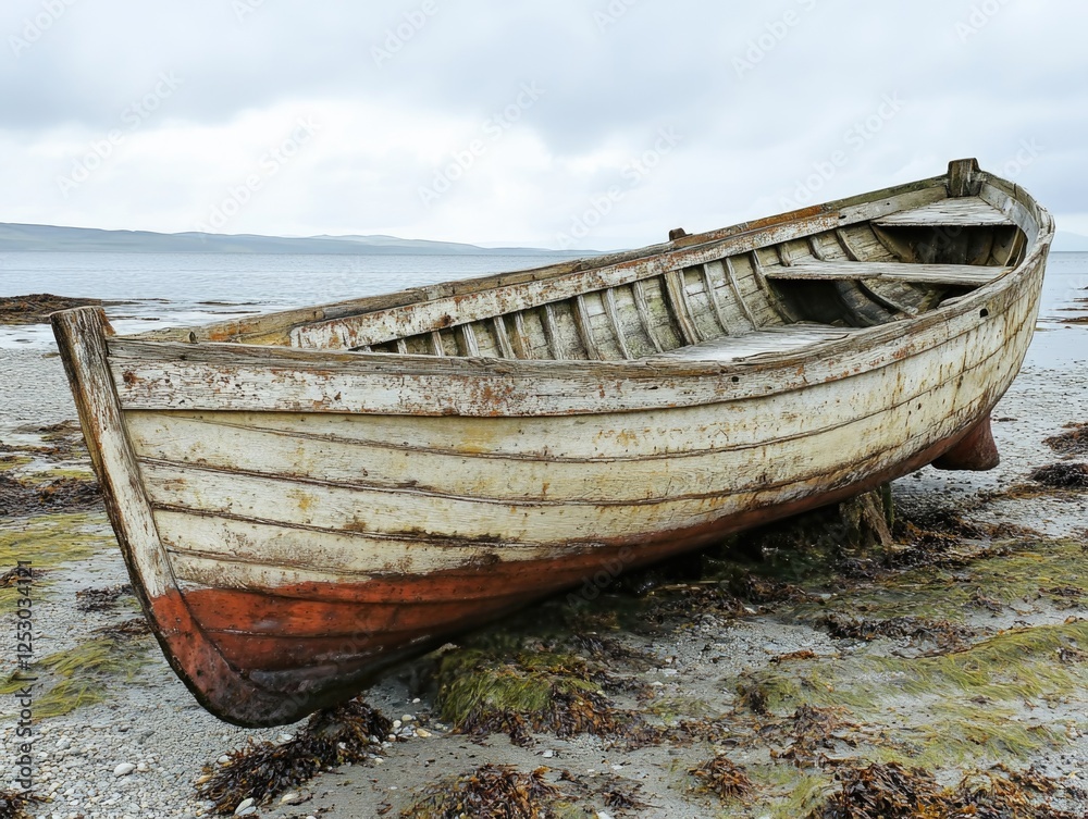 Fototapeta Weathered white and brown boat resting on rocky shore with seaweed. Old fishing vessel left in a state of disrepair.
