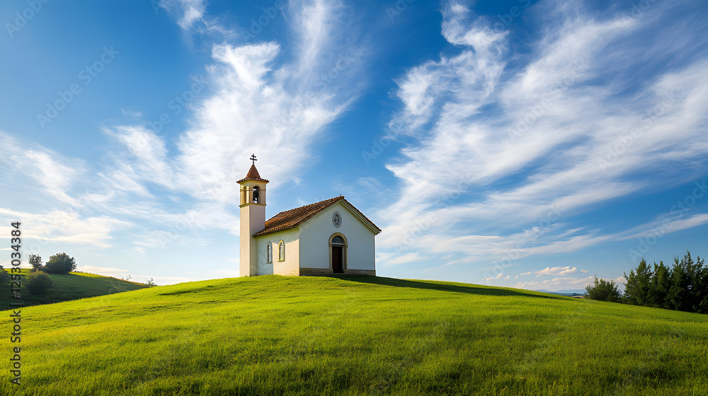 Idyllic chapel in Tuscany with green grass and blue sky
Idyllic chapel in Tuscany with green grass and blue sky