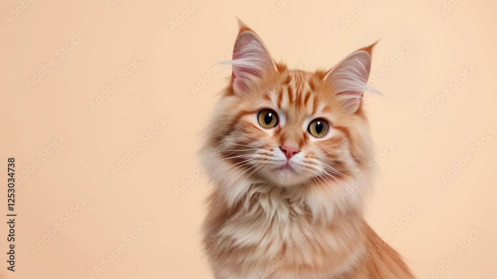 Persian ginger cat looking around on light brown background. Persian ginger cat looking around on light brown background.