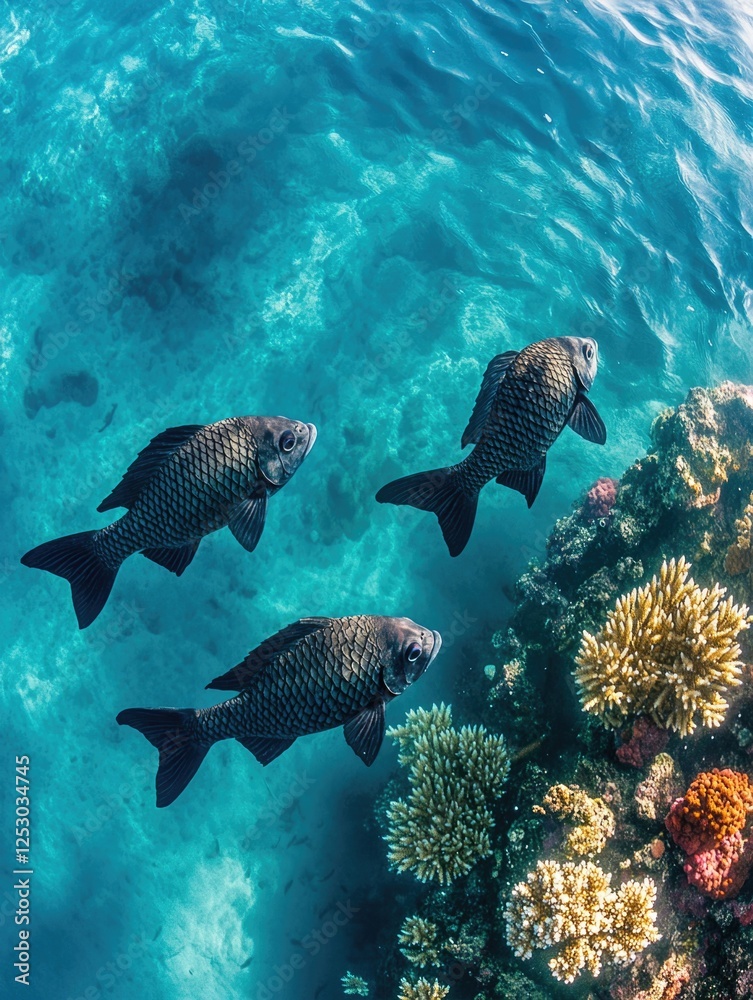 Obraz premium Three barracuda swimming in a coral reef, showcasing the beauty of marine life.