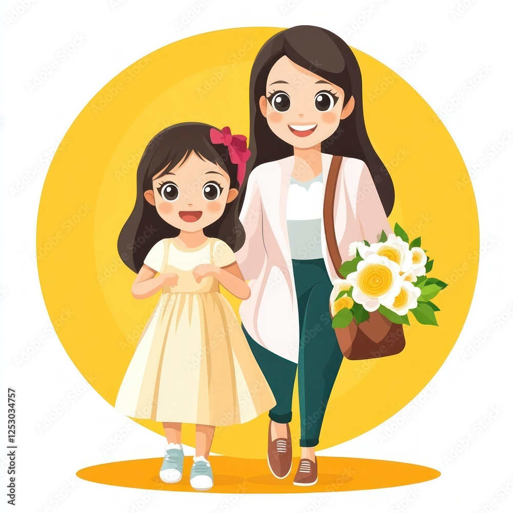 Happy Mother and Daughter Walking Together in Bright Yellow Background with Flowers and Smiling Faces Happy Mother and Daughter Walking Together in Bright Yellow Background with Flowers and Smiling Faces