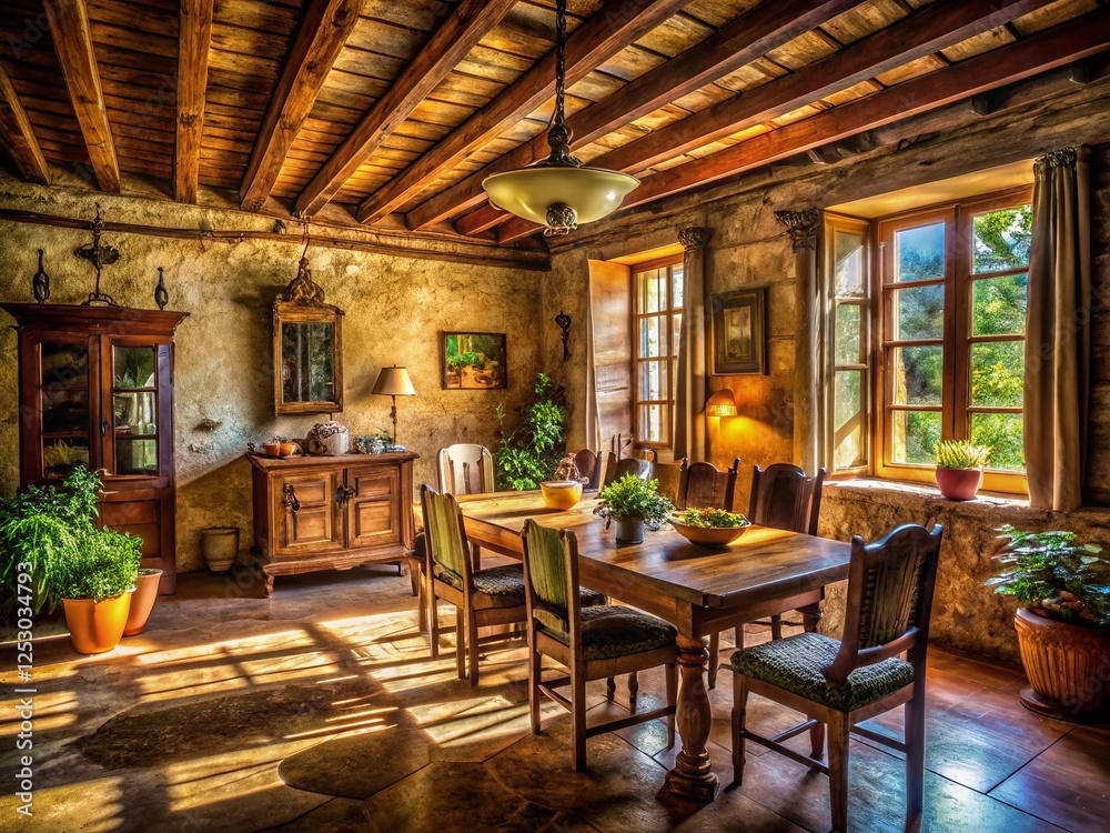 Fototapeta premium Long Exposure: Rustic Catalan Farmhouse Dining Room with Antique Furnishings