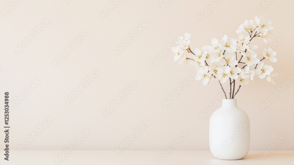 White blossoms in vase, beige background, spring home decor White blossoms in vase, beige background, spring home decor