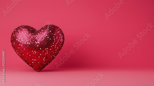 Sparkling red heart against a pink background. Minimal Valentine and love concept with copy space.	