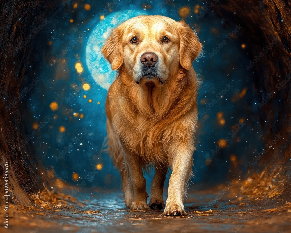 Golden Retriever Walking Through Mystical Tunnel Under Moonlight with Glowing Background and Sparkles Golden Retriever Walking Through Mystical Tunnel Under Moonlight with Glowing Background and Sparkles