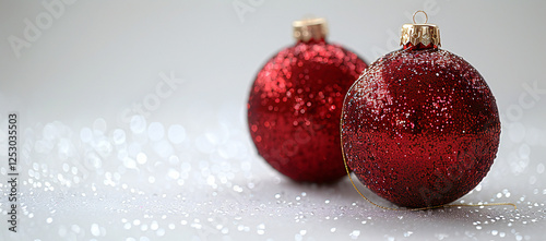 Decorative Double Red Christmas Balls with Gold Ribbon on Pure White Background in Isolated Ornament Composition photo