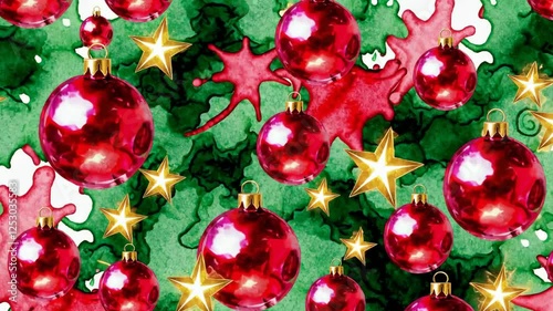 Colorful Christmas ornaments hanging on green tree background