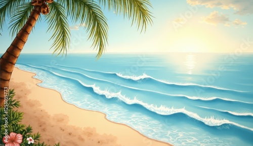 Tropical beach landscape with palm trees and ocean waves under sunrise, serene atmosphere