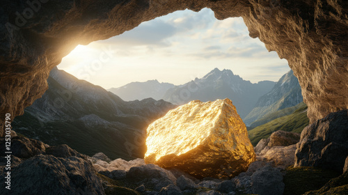 stunning view of cave entrance reveals large gold rock illuminated by sunlight, surrounded by majestic mountains and lush greenery. scene evokes sense of wonder and adventure