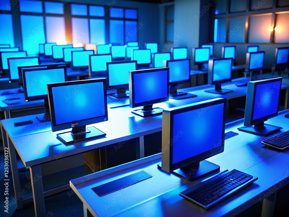 Fototapeta premium Low Light Computer Room Blue Screen Error - Stock Photo