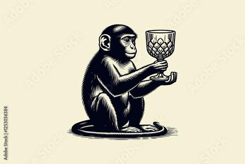 Macaque holding vintage crystal glass in black flat engraving style