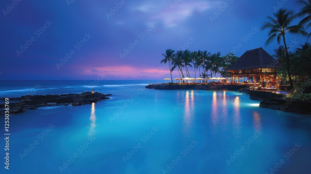 Serene beachfront resort at twilight with glowing water and palm trees Serene beachfront resort at twilight with glowing water and palm trees
