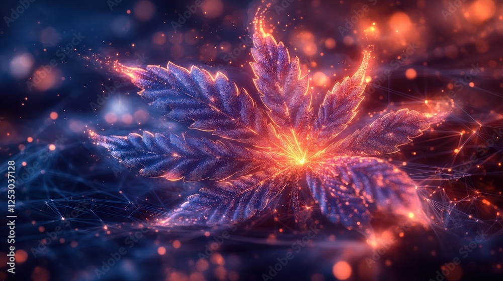 Fototapeta premium Glowing leaf with vibrant colors amidst a cosmic background of swirling lights and patterns
