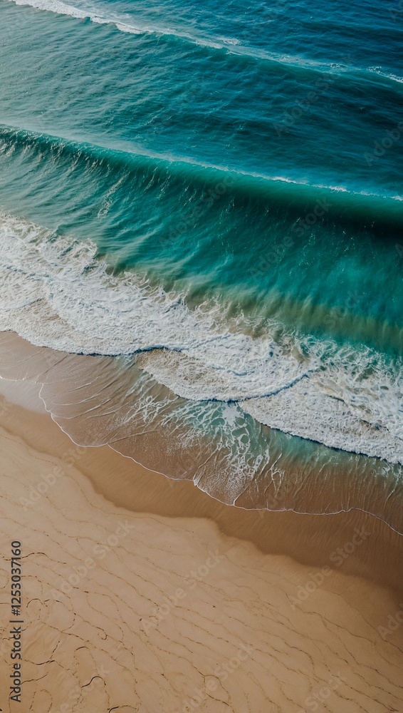 Obraz premium Aerial view of turquoise waves on a sandy beach surrounded by cliffs.