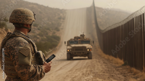 Soldier near an armored truck, radio in hand. Military insignia on the vehicle with a tall border fence behind.