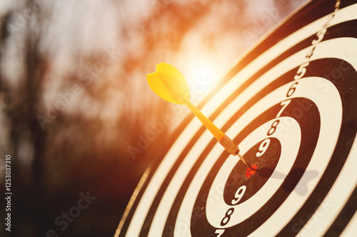 Yellow arrow into the center of the dart board. Business concept, achieving goals and success