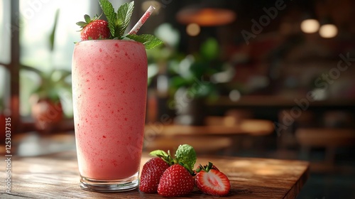Refreshing strawberry smoothie in a cozy caf? with lush greenery in background