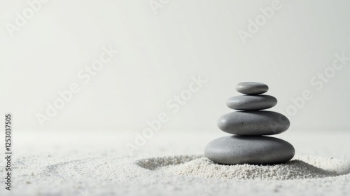 Serene Stack of Grey Stones on White Sand, a Symbol of Balance and Tranquility, Perfect for Relaxation and Meditation Imagery