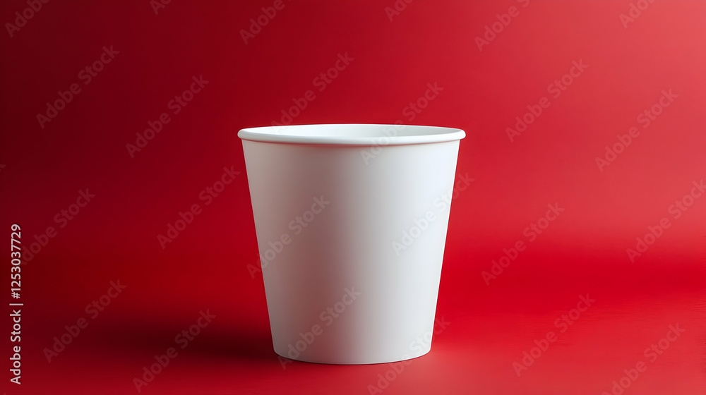 A tall disposable white paper cup, slightly larger than the others, placed on a striking red backdrop. A tall disposable white paper cup, slightly larger than the others, placed on a striking red backdrop.