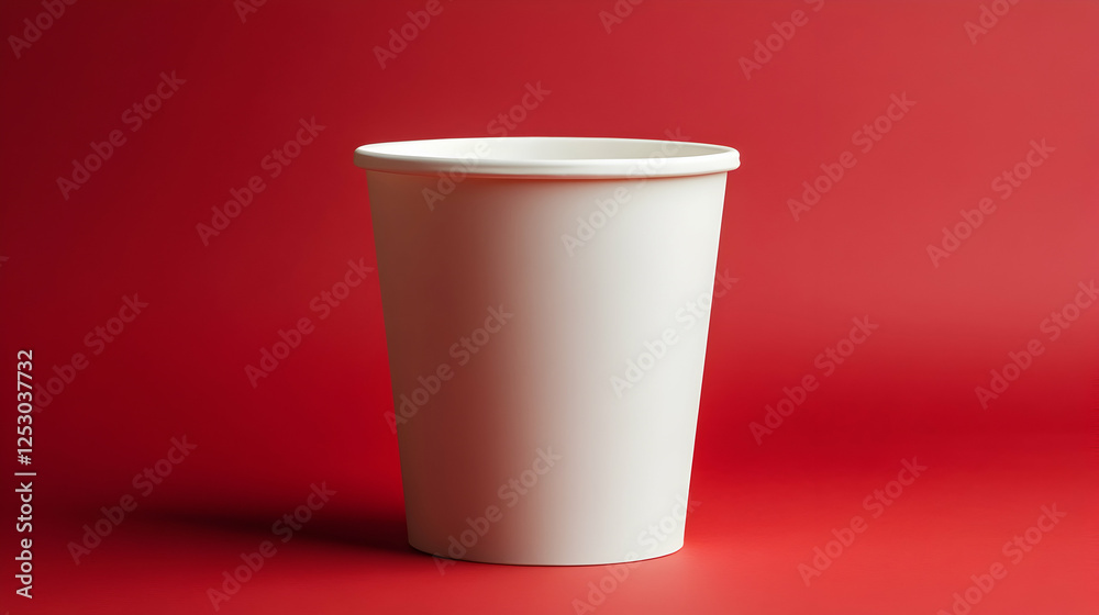 A white disposable coffee cup with a clean and smooth finish, standing on a red background.