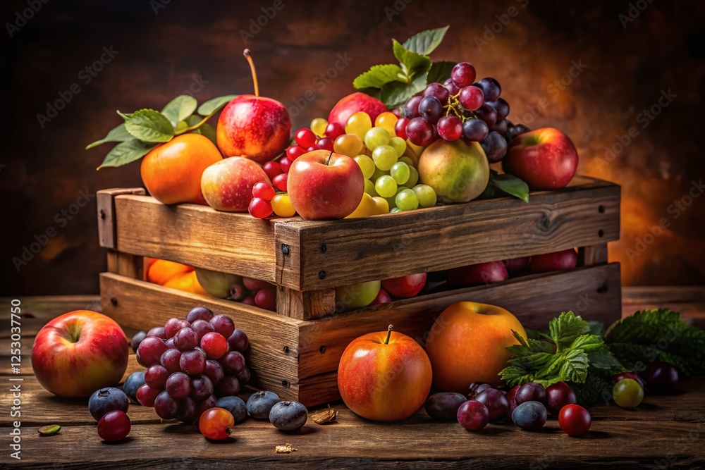 Low Light Still Life: Wooden Crate Overflowing with Juicy Fruit Low Light Still Life: Wooden Crate Overflowing with Juicy Fruit