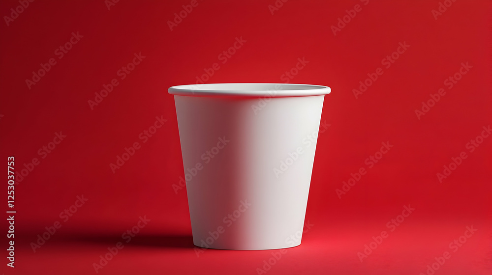 A tall white disposable paper cup, slightly tapered, placed against a bold red background. A tall white disposable paper cup, slightly tapered, placed against a bold red background.