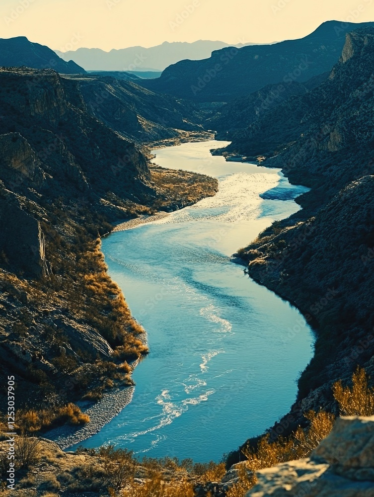 Obraz premium Nature's landscape featuring a river flowing in the desert with rocky cliffs, clear blue water, and a skyline that represents the Southwestern terrain.