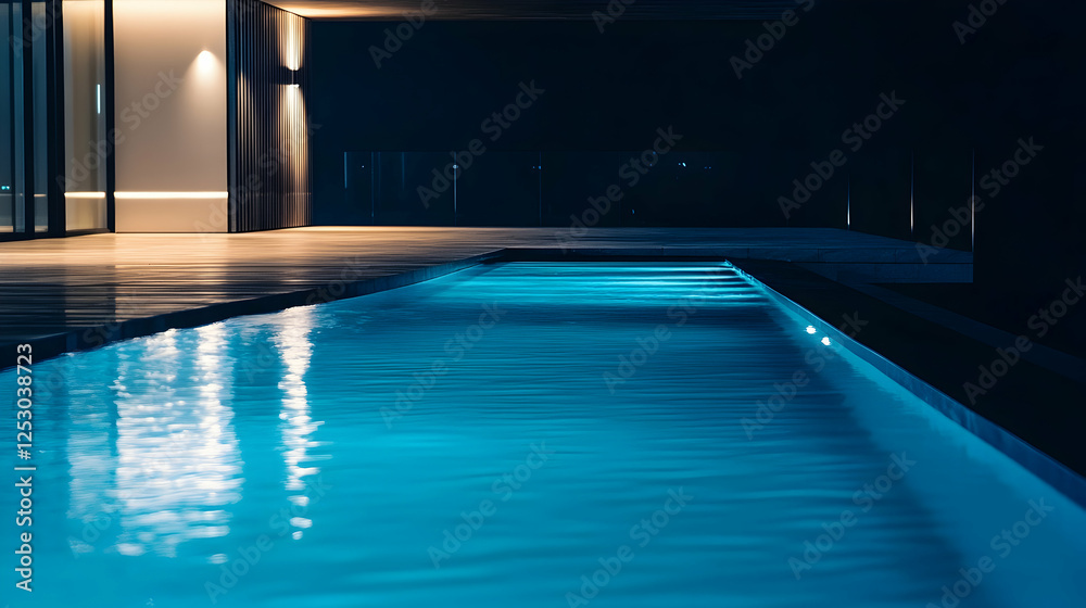 Obraz premium A dramatic shot of an infinity pool at night, soft glowing blue water, ambient lighting reflecting on a sleek modern deck