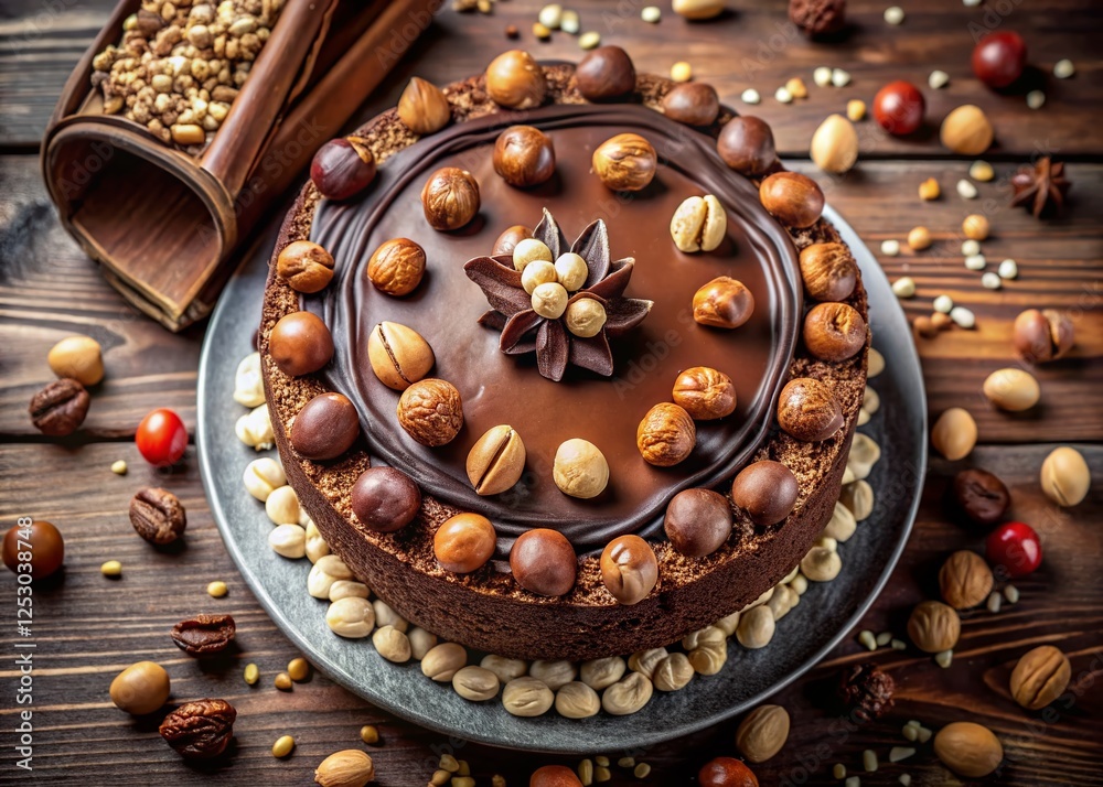 Aerial View of Delicious Chocolate Cake Topped with Macadamia Nuts and Almonds Aerial View of Delicious Chocolate Cake Topped with Macadamia Nuts and Almonds