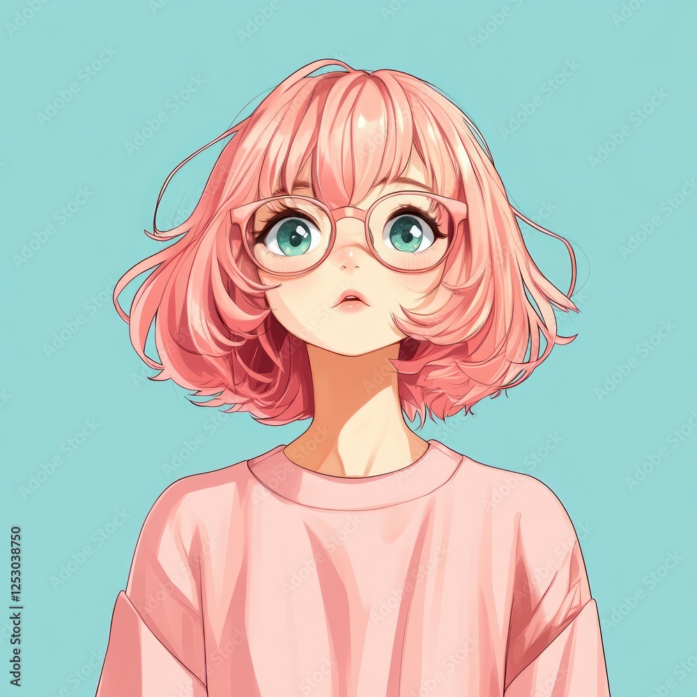 Young girl with pink hair and glasses gazing up, colorful background capturing a whimsical and dreamy atmosphere Young girl with pink hair and glasses gazing up, colorful background capturing a whimsical and dreamy atmosphere