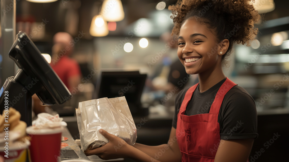 custom made wallpaper toronto digitalFast food cashier smiling while handing a bag across the counter. Blurred restaurant setting in the background.