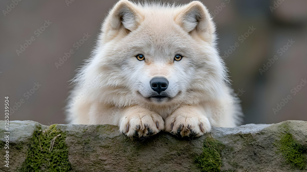 Arctic wolf resting on rock, wildlife reserve, winter Arctic wolf resting on rock, wildlife reserve, winter