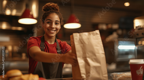 Fast food cashier passing a brown paper bag with a smile. The background shows a softly blurred interior.