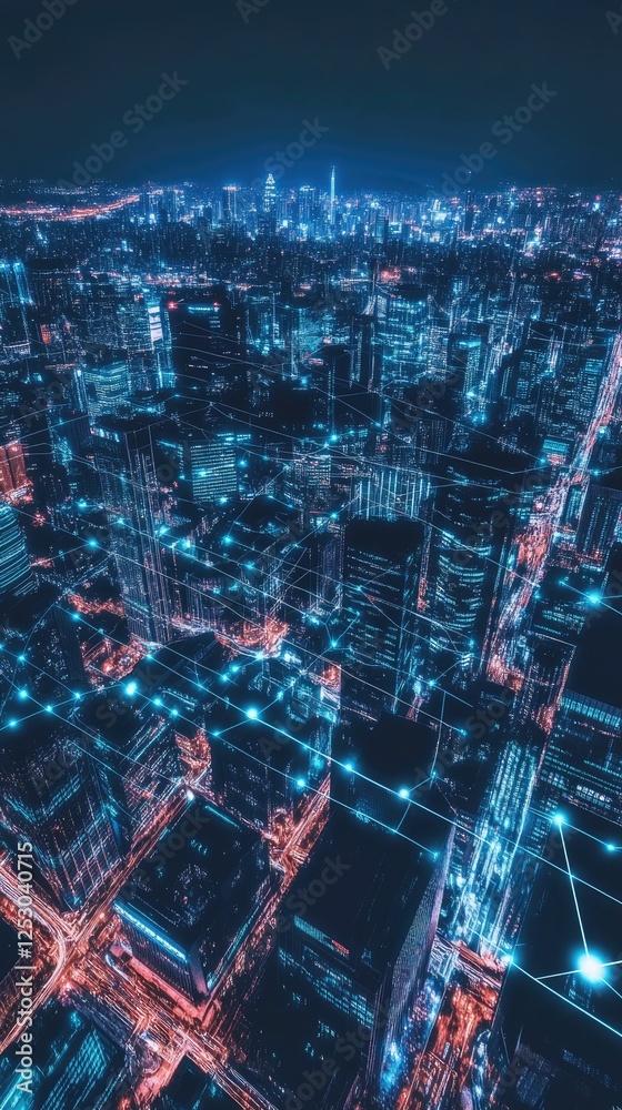 Obraz premium Night city aerial view; illuminated buildings, glowing network.