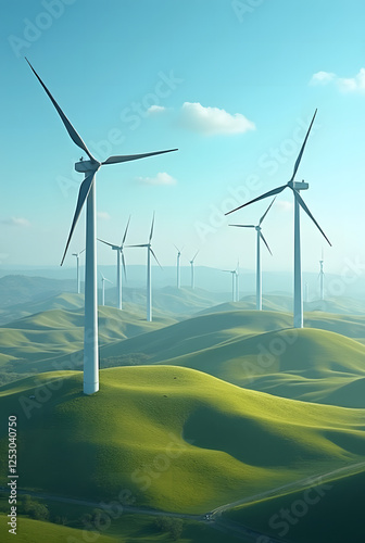 Wide wind turbines stretch across rolling hills under clear blue skies, symbolizing renewable energy and sustainability in modern landscapes.