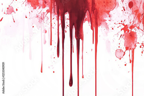 Detailed blood drip slowly trailing downwards, creating streaks, isolated on a white background.