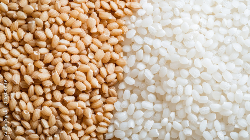 Brown and white rice grains displayed side by side, showcasing their distinct colors and textures. This highlights natural beauty of these staple foods Brown and white rice grains displayed side by side, showcasing their distinct colors and textures. This highlights natural beauty of these staple foods