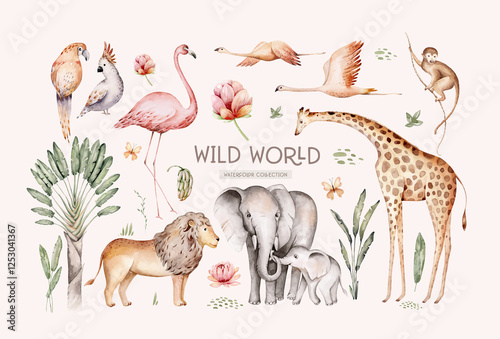 Canvas Print Watercolor illustration of African Animals: elephant and monkey, cockatoo, wild parrot and giraffe, flamingo isolated white background