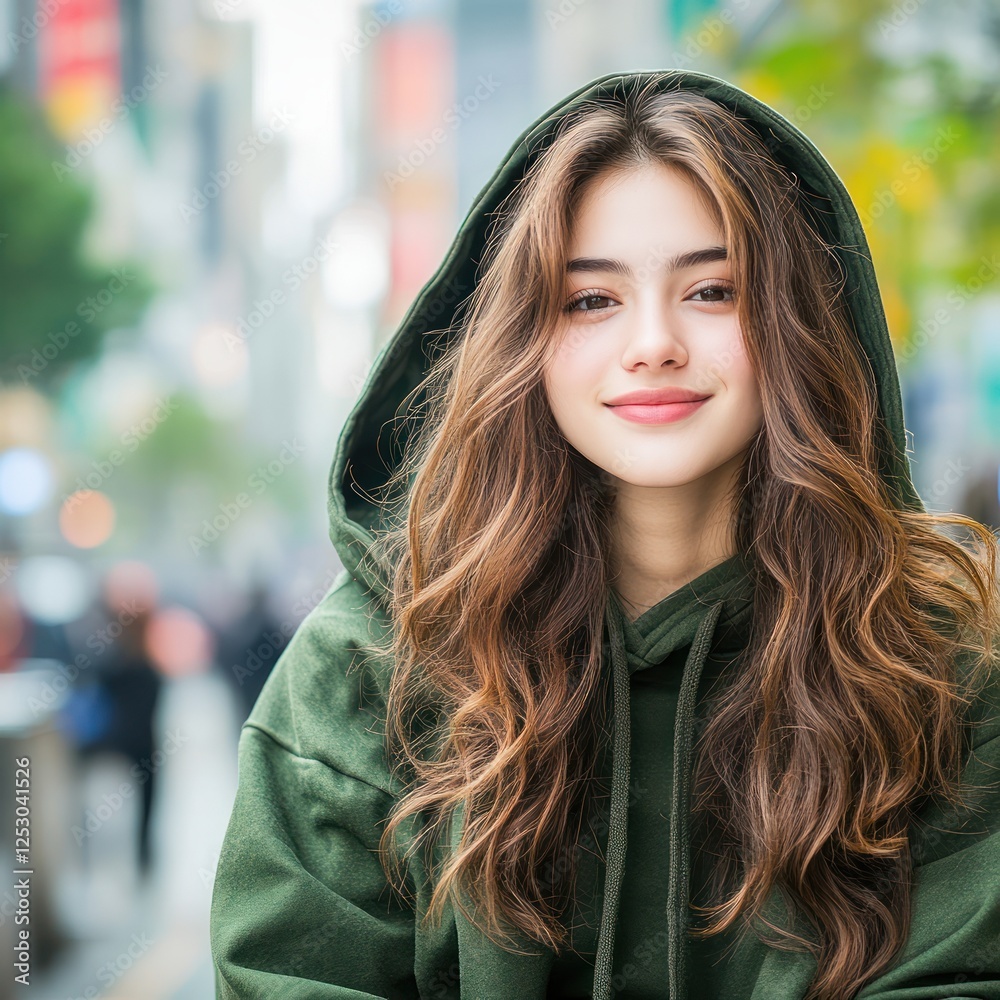 Fototapeta premium Young woman with long hair wearing green hoodie smiles in urban setting with blurred background and vibrant colors