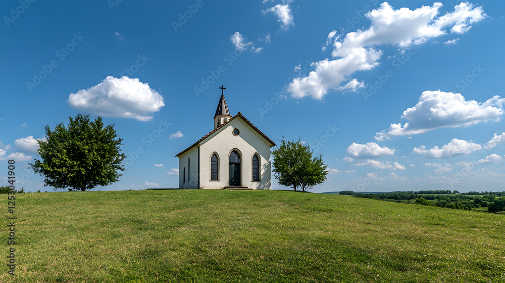 Idyllic chapel in Tuscany with green grass and blue sky
Idyllic chapel in Tuscany with green grass and blue sky