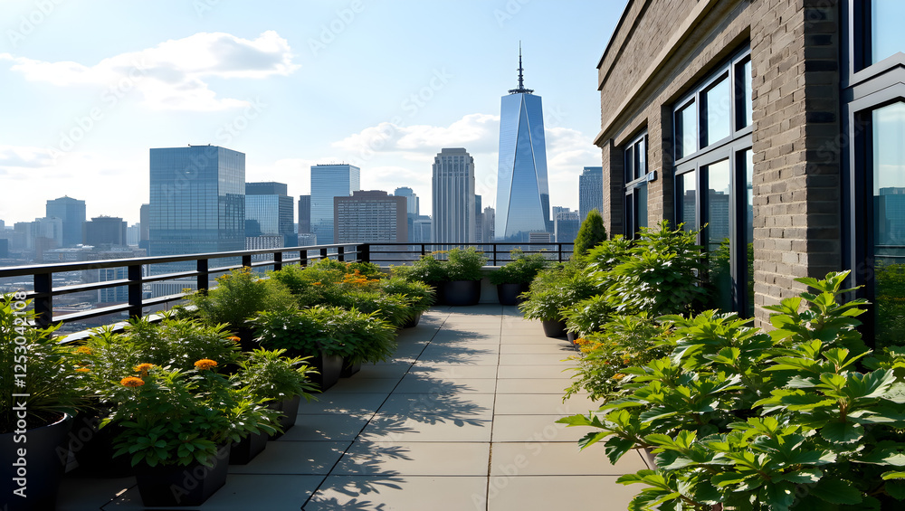 Fototapeta premium Urban Rooftop Garden with City Skyline