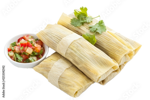 Traditional Mexican tamales in corn husks, top view, with salsas and garnishes on the side, festive New Year table photo