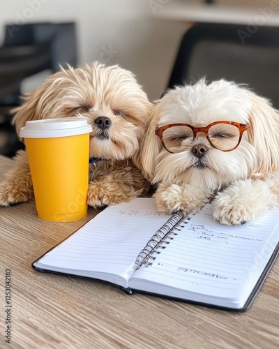 Two Adorable Dogs Wearing Glasses Relaxing on a Desk Next to a Coffee Cup and Open Notebook petfluencer fluencer pet celeb photo