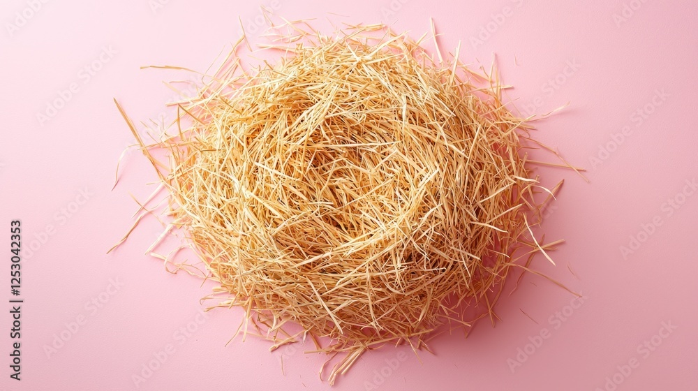 Fototapeta premium Close-up of a straw nest on a soft pink background, ideal for nature-themed projects